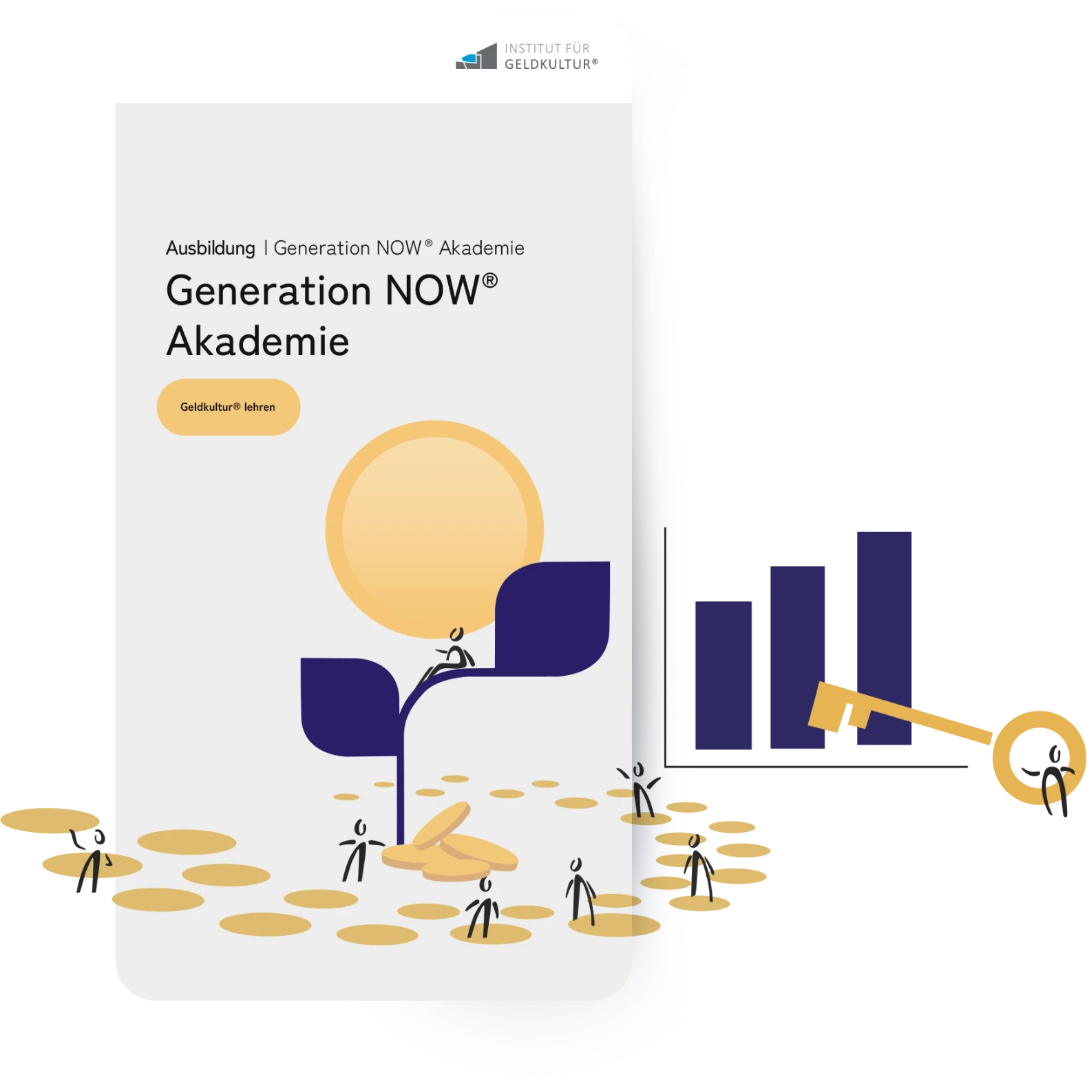 Grafik zur Generation Now® Akademie: Smartphone mit wachsender Pflanze, davor Münzen, ein Säulendiagramm und ein großer Schlüssel